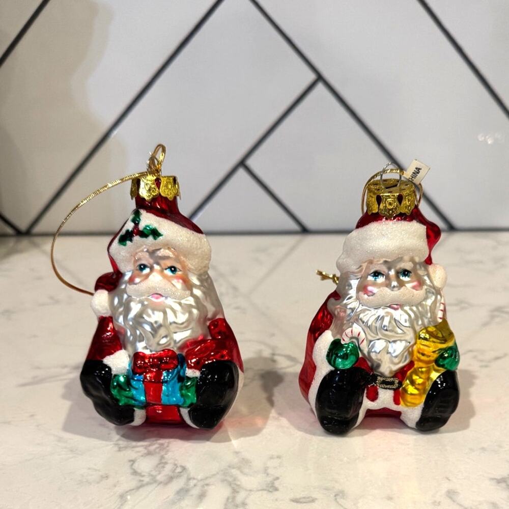 Sitting SANTA CLAUS x2 blown Glass Ornaments vintage? Retro Christmas vibrant